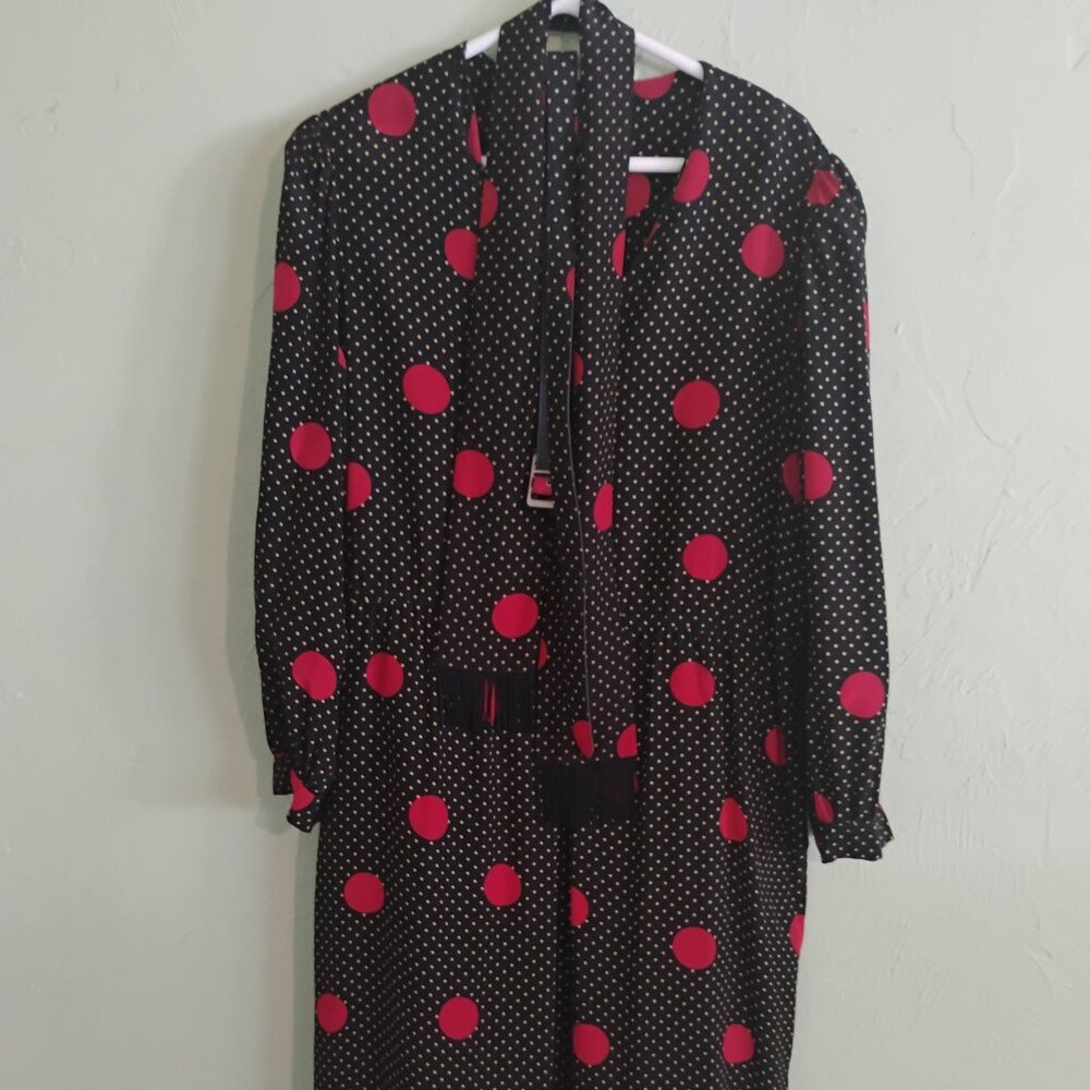 Malcolm Starr Vintage 1970s 100% Silk Polka Dot Dress, Sz 10